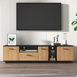 Modern TV Cabinet with 3 Doors, Drawer and 2 Open Glass Compartments, TV Stand with Solid Wooden Legs, 180L x 37W x 45H cm, Black+Wood - Aosom UK - thumbnail 8