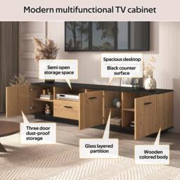 Modern TV Cabinet with 3 Doors, Drawer and 2 Open Glass Compartments, TV Stand with Solid Wooden Legs, 180L x 37W x 45H cm, Black+Wood - Aosom UK - thumbnail 4