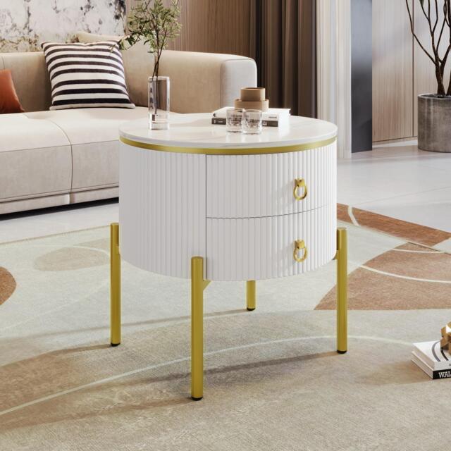 Modern Side Table with Marble-Effect Top and 2 Drawers, Durable Coffee Table with Adjustable Legs, 50L x 50W x 51H cm, White - Aosom UK - image 1