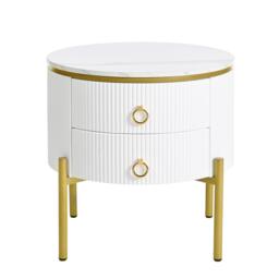 Modern Side Table with Marble-Effect Top and 2 Drawers, Durable Coffee Table with Adjustable Legs, 50L x 50W x 51H cm, White - Aosom UK - thumbnail 2