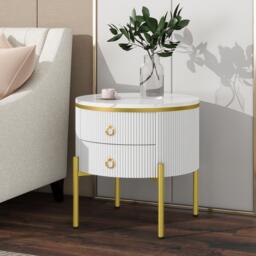 Modern Side Table with Marble-Effect Top and 2 Drawers, Durable Coffee Table with Adjustable Legs, 50L x 50W x 51H cm, White - Aosom UK - thumbnail 4