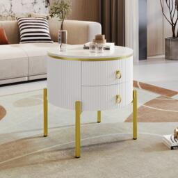 Modern Side Table with Marble-Effect Top and 2 Drawers, Durable Coffee Table with Adjustable Legs, 50L x 50W x 51H cm, White - Aosom UK