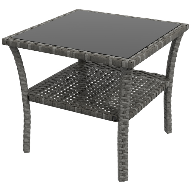 Outsunny 50cm Outdoor PE Rattan Coffee Table, Patio Wicker Two-tier Side Table with Glass Top, for Patio, Garden, Balcony, Grey - image 1