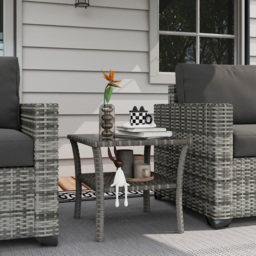 Outsunny 50cm Outdoor PE Rattan Coffee Table, Patio Wicker Two-tier Side Table with Glass Top, for Patio, Garden, Balcony, Grey - thumbnail 2
