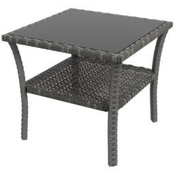 Outsunny 50cm Outdoor PE Rattan Coffee Table, Patio Wicker Two-tier Side Table with Glass Top, for Patio, Garden, Balcony, Grey - thumbnail 1