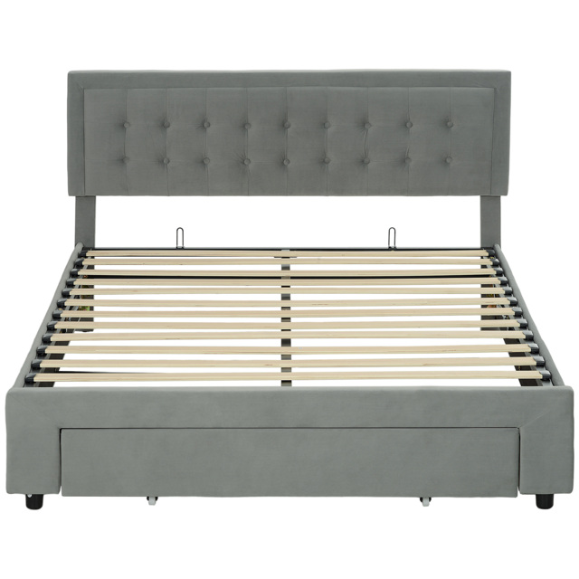 HOMCOM King Size Ottoman Bed Frame with Front Drawer Ottoman Storage Bed with Two-level Adjustable Headboard - Grey - Aosom UK - image 1