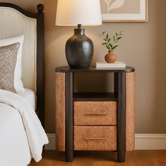 Solid Mango Wood Curved-Edge Rattan Bedside Table with 2 Smooth-gliding Drawers, Bedside Cabinet with Open Shelf, 40L x 50W x 60H cm, Brown - Aosom UK - image 1