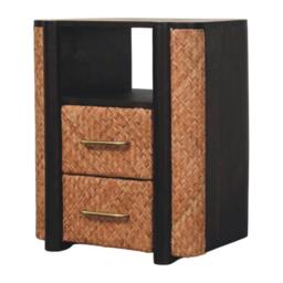 Solid Mango Wood Curved-Edge Rattan Bedside Table with 2 Smooth-gliding Drawers, Bedside Cabinet with Open Shelf, 40L x 50W x 60H cm, Brown - Aosom UK - thumbnail 8