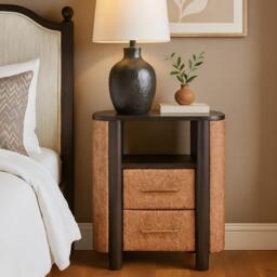 Solid Mango Wood Curved-Edge Rattan Bedside Table with 2 Smooth-gliding Drawers, Bedside Cabinet with Open Shelf, 40L x 50W x 60H cm, Brown - Aosom UK