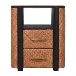 Solid Mango Wood Curved-Edge Rattan Bedside Table with 2 Smooth-gliding Drawers, Bedside Cabinet with Open Shelf, 40L x 50W x 60H cm, Brown - Aosom UK - thumbnail 2