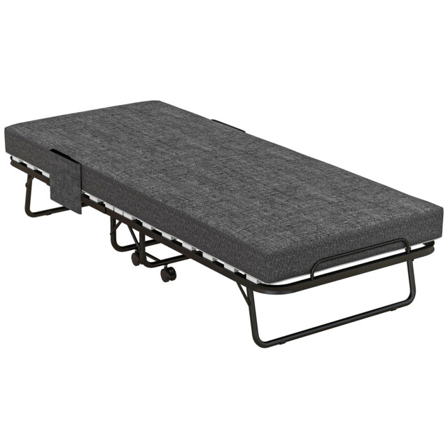 HOMCOM Folding Bed with Mattress, Foldable Guest Bed on Wheels, Portable Single Bed with 10cm Mattress, 190 x 80cm, Dark Grey - Aosom UK - image 1