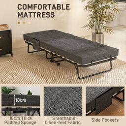 HOMCOM Folding Bed with Mattress, Foldable Guest Bed on Wheels, Portable Single Bed with 10cm Mattress, 190 x 80cm, Dark Grey - Aosom UK - thumbnail 4