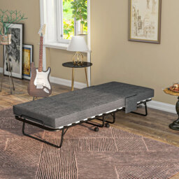HOMCOM Folding Bed with Mattress, Foldable Guest Bed on Wheels, Portable Single Bed with 10cm Mattress, 190 x 80cm, Dark Grey - Aosom UK - thumbnail 2