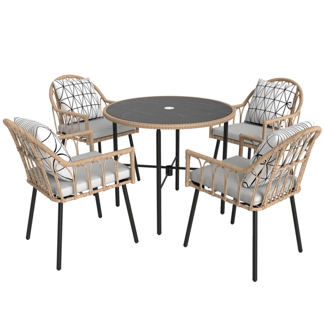 Outsunny 5 Piece Patio Rattan Dining Set, Wicker Garden Table and Chairs w/ Removable Seat & Back Cushions, Round Tempered Glass Tabletop, Parasol Hole, Outdoor Furniture Conservatory Set, Light Brown - image 1