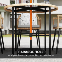 Outsunny 5 Piece Patio Rattan Dining Set, Wicker Garden Table and Chairs w/ Removable Seat & Back Cushions, Round Tempered Glass Tabletop, Parasol Hole, Outdoor Furniture Conservatory Set, Light Brown - thumbnail 7