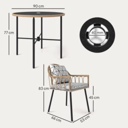 Outsunny 5 Piece Patio Rattan Dining Set, Wicker Garden Table and Chairs w/ Removable Seat & Back Cushions, Round Tempered Glass Tabletop, Parasol Hole, Outdoor Furniture Conservatory Set, Light Brown - thumbnail 3