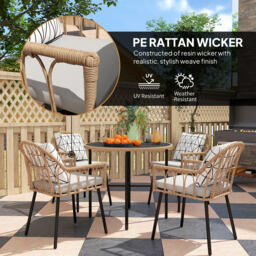 Outsunny 5 Piece Patio Rattan Dining Set, Wicker Garden Table and Chairs w/ Removable Seat & Back Cushions, Round Tempered Glass Tabletop, Parasol Hole, Outdoor Furniture Conservatory Set, Light Brown - thumbnail 4