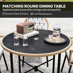 Outsunny 5 Piece Patio Rattan Dining Set, Wicker Garden Table and Chairs w/ Removable Seat & Back Cushions, Round Tempered Glass Tabletop, Parasol Hole, Outdoor Furniture Conservatory Set, Light Brown - thumbnail 6
