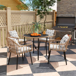Outsunny 5 Piece Patio Rattan Dining Set, Wicker Garden Table and Chairs w/ Removable Seat & Back Cushions, Round Tempered Glass Tabletop, Parasol Hole, Outdoor Furniture Conservatory Set, Light Brown - thumbnail 9