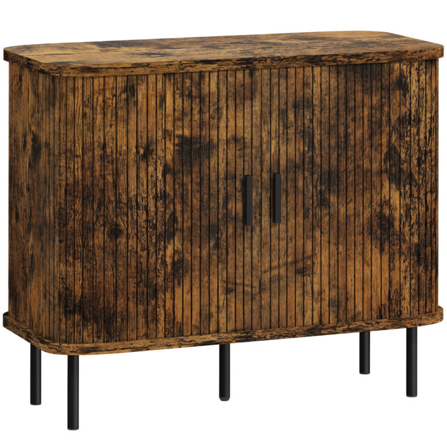 HOMCOM Mid-Century Modern Sideboard Storage Cabinet with Slatted Tambour Sliding Doors, Kitchen Cabinet with Steel Legs, Rustic Brown - image 1