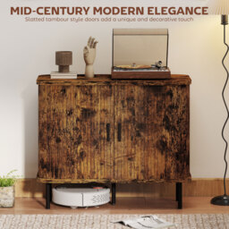 HOMCOM Mid-Century Modern Sideboard Storage Cabinet with Slatted Tambour Sliding Doors, Kitchen Cabinet with Steel Legs, Rustic Brown - thumbnail 4