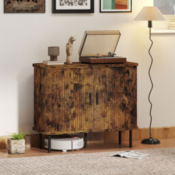 HOMCOM Mid-Century Modern Sideboard Storage Cabinet with Slatted Tambour Sliding Doors, Kitchen Cabinet with Steel Legs, Rustic Brown - thumbnail 2