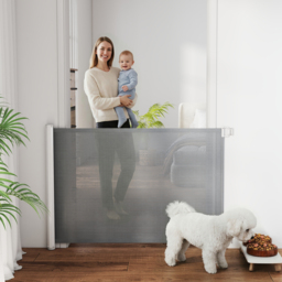 PawHut Pet Protector: Retractable Safety Gate for Dogs, Folding Barrier for Home, Doorway & Stairs, Grey - Aosom UK - thumbnail 2