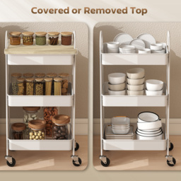 HOMCOM 3-Tier Kitchen Storage Trolley with on Wheels Cover Top Board - White and Oak - thumbnail 5