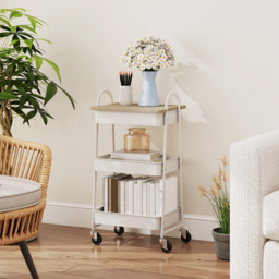 HOMCOM 3-Tier Kitchen Storage Trolley with on Wheels Cover Top Board - White and Oak - thumbnail 8