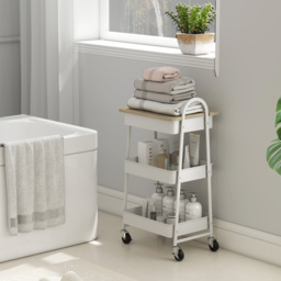 HOMCOM 3-Tier Kitchen Storage Trolley with on Wheels Cover Top Board - White and Oak - thumbnail 9