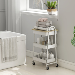 HOMCOM 3-Tier Kitchen Storage Trolley with on Wheels Cover Top Board - White and Oak - thumbnail 9