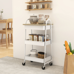 HOMCOM 3-Tier Kitchen Storage Trolley with on Wheels Cover Top Board - White and Oak - thumbnail 2