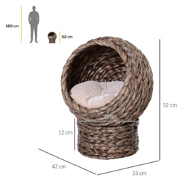 PawHut Wicker Cat Bed, Raised Rattan Cat Basket with Cylindrical Base, Soft Washable Cushion, 42 x 33 x 52cm - Brown - Aosom UK - thumbnail 3