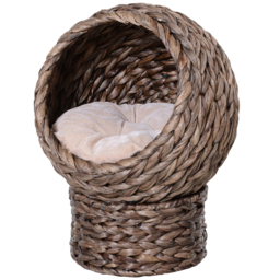 PawHut Wicker Cat Bed, Raised Rattan Cat Basket with Cylindrical Base, Soft Washable Cushion, 42 x 33 x 52cm - Brown - Aosom UK