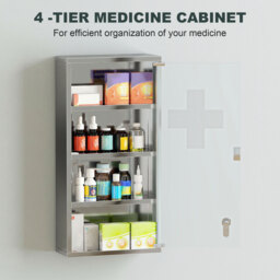 HOMCOM Wall-Mounted Medicine Cabinet: 4 Tier Lockable Glass Door, Stainless Steel Shelving Unit, 60Hx30Wx12D(cm) - Aosom UK - thumbnail 7