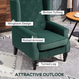HOMCOM Wingback Accent Chair, Retro Upholstered Button Tufted Occasional Chair for Living Room and Bedroom, Green - thumbnail 4
