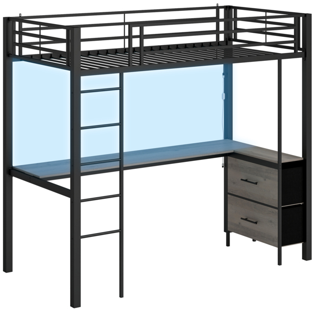HOMCOM Metal Bunk Bed with Desk, High Sleeper Bed with LED Light and Safety Guardrail for Teens Adults, No Box Spring Needed - image 1