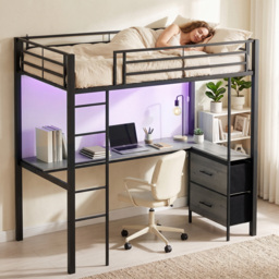 HOMCOM Metal Bunk Bed with Desk, High Sleeper Bed with LED Light and Safety Guardrail for Teens Adults, No Box Spring Needed - thumbnail 8