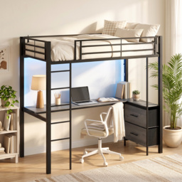 HOMCOM Metal Bunk Bed with Desk, High Sleeper Bed with LED Light and Safety Guardrail for Teens Adults, No Box Spring Needed - thumbnail 2