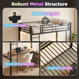 HOMCOM Metal Bunk Bed with Desk, High Sleeper Bed with LED Light and Safety Guardrail for Teens Adults, No Box Spring Needed - thumbnail 4