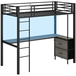 HOMCOM Metal Bunk Bed with Desk, High Sleeper Bed with LED Light and Safety Guardrail for Teens Adults, No Box Spring Needed - thumbnail 1