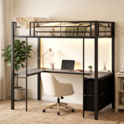 HOMCOM Metal Bunk Bed with Desk, High Sleeper Bed with LED Light and Safety Guardrail for Teens Adults, No Box Spring Needed - thumbnail 9