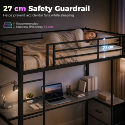 HOMCOM Metal Bunk Bed with Desk, High Sleeper Bed with LED Light and Safety Guardrail for Teens Adults, No Box Spring Needed - thumbnail 6