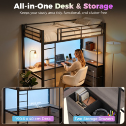 HOMCOM Metal Bunk Bed with Desk, High Sleeper Bed with LED Light and Safety Guardrail for Teens Adults, No Box Spring Needed - thumbnail 7