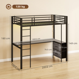HOMCOM Metal Bunk Bed with Desk, High Sleeper Bed with LED Light and Safety Guardrail for Teens Adults, No Box Spring Needed - thumbnail 3