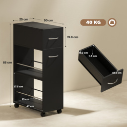 HOMCOM Rolling Storage Unit, 3-Tier Kitchen Cart Trolley with Drawer, Surface Top and 4 Universal Wheels, Black - thumbnail 3