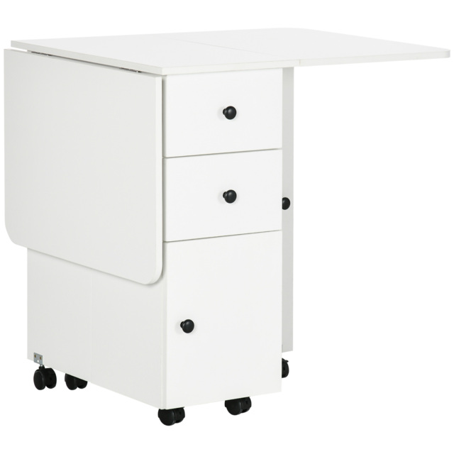 HOMCOM Folding Kitchen Table for 4-6, Rolling Drop Leaf Dining Table with Storage Drawers, Cabinet and Open Shelf, Wheels, White - Aosom UK - image 1