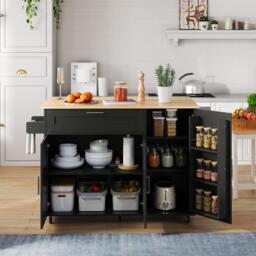Versatile Kitchen Island with Foldable Worktop and Shelves, Multifunctional Cabinet for Dining Areas, 132.5L x 44W x 90H cm, Black+Natural - Aosom UK