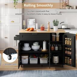 Versatile Kitchen Island with Foldable Worktop and Shelves, Multifunctional Cabinet for Dining Areas, 132.5L x 44W x 90H cm, Black+Natural - Aosom UK - thumbnail 4