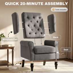 HOMCOM Linen Fabric Occasional Chair Wooden Frame Wingback Armchair with Thick Foam Cushion Accent Chair Living Room, Dark Grey - Aosom UK - thumbnail 7